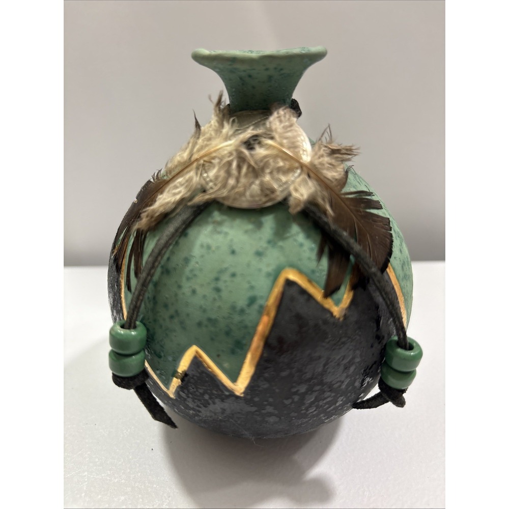 VTG J. Dudley Signed Native American Style Ceramic Wedding Vase Feathers 5x5"